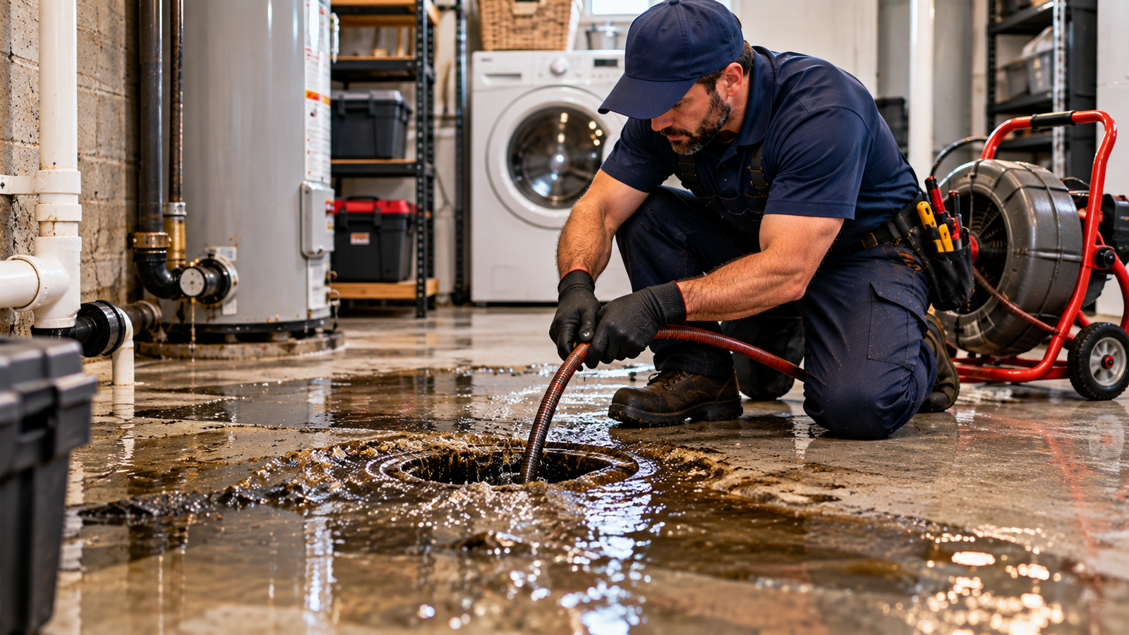 Plumber Tackling Basement Drain Backup