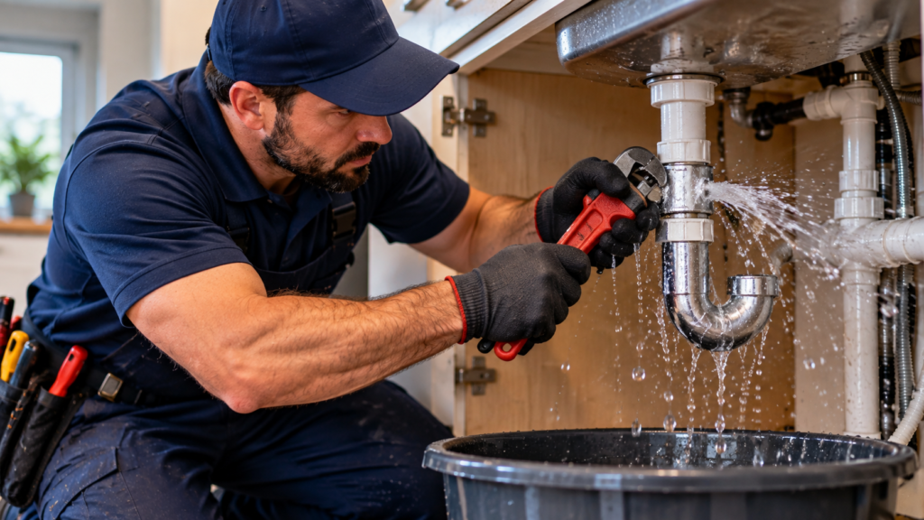 Plumber Tackling a Leaking Sink Pipe